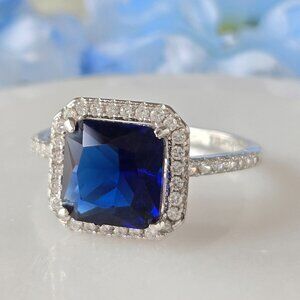 Royal Blue Sapphire Square Gemstone ring, 925 Sterling Silver Charmed Aroma